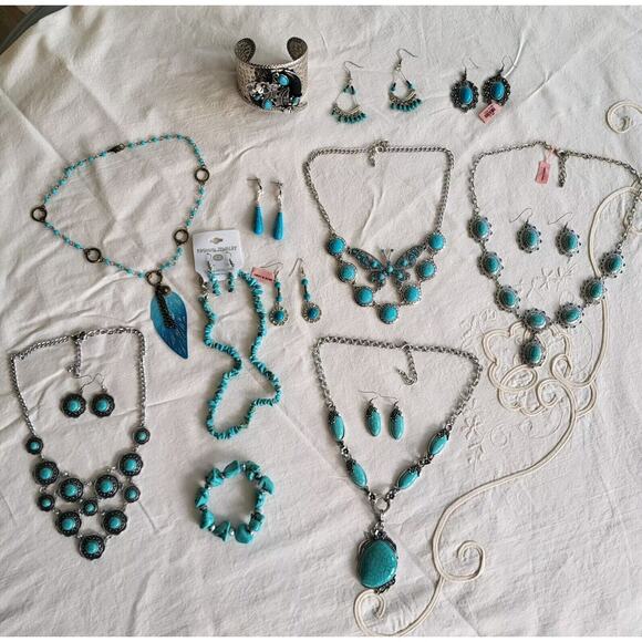 Unbranded Jewelry - Lot Of Blue Howlite Necklace Earrings Bracelet Jewelry Sets Butterfly Bib